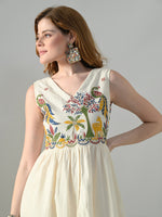 Thumbnail for Myshka Women Off White Embroidered Long Kurta With Front Slit Trouser