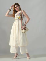 Thumbnail for Myshka Women Off White Embroidered Long Kurta With Front Slit Trouser