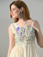 Thumbnail for Myshka Women Off White Embroidered Long Kurta With Front Slit Trouser