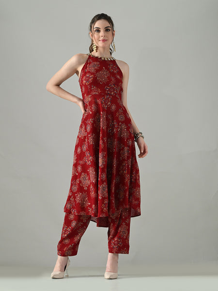 Myshka Women Red Halter Neck Flared Kurta With Elasticated Salwar