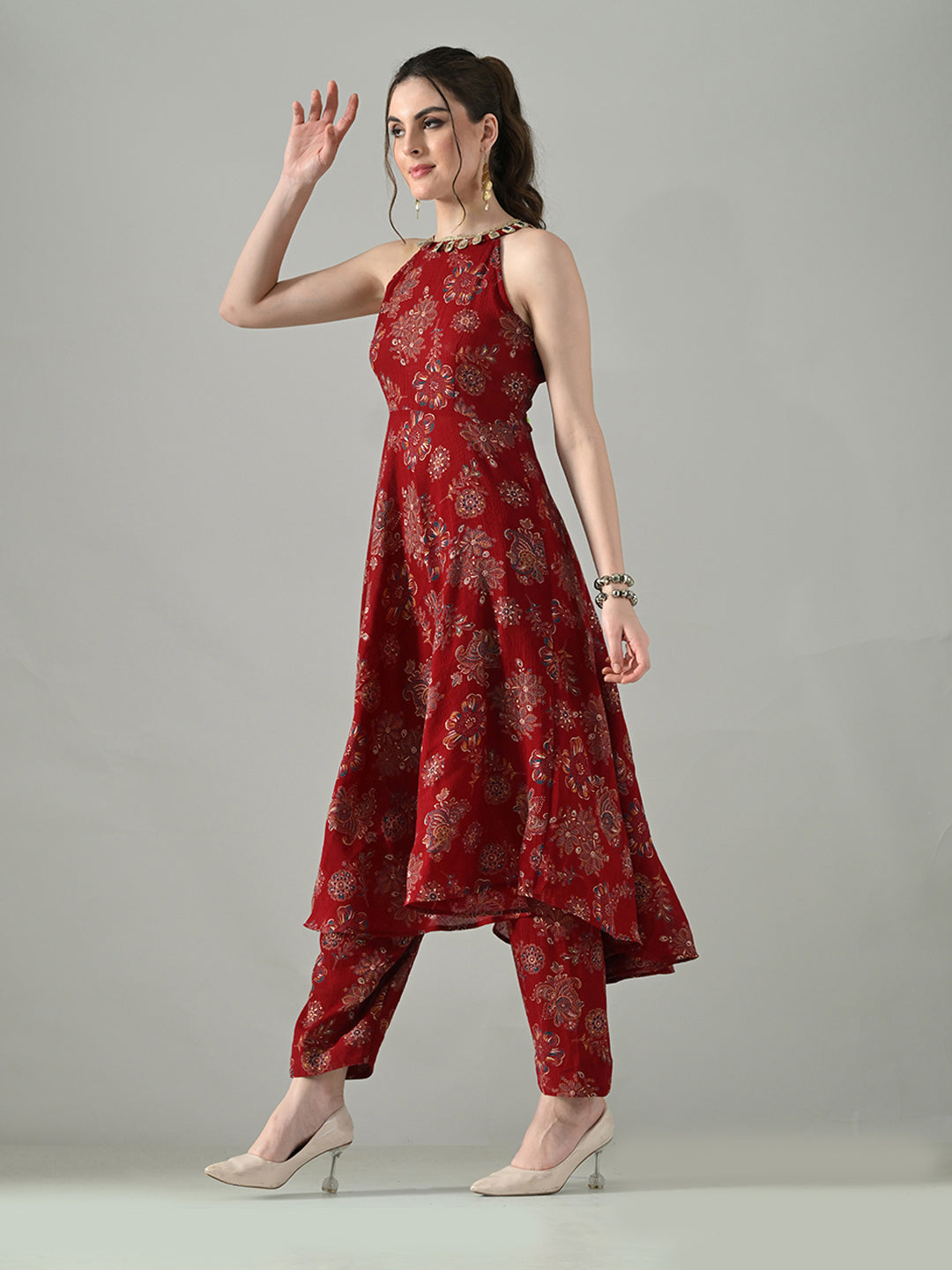 Myshka Women Red Halter Neck Flared Kurta With Elasticated Salwar