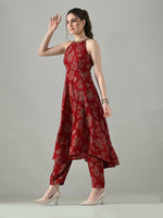Thumbnail for Myshka Women Red Halter Neck Flared Kurta With Elasticated Salwar