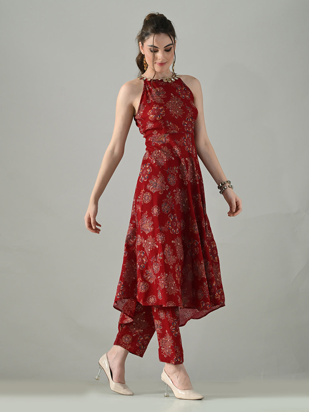 Myshka Women Red Halter Neck Flared Kurta With Elasticated Salwar