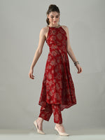 Thumbnail for Myshka Women Red Halter Neck Flared Kurta With Elasticated Salwar
