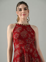 Thumbnail for Myshka Women Red Halter Neck Flared Kurta With Elasticated Salwar