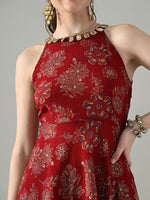 Thumbnail for Myshka Women Red Halter Neck Flared Kurta With Elasticated Salwar