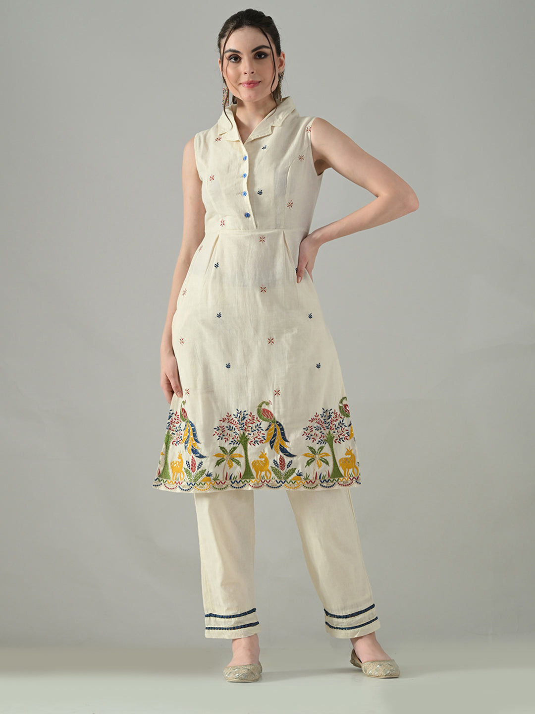 Myshka Women Off White Embroidered Lapel Collared Kurta With Trouser
