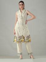 Thumbnail for Myshka Women Off White Embroidered Lapel Collared Kurta With Trouser