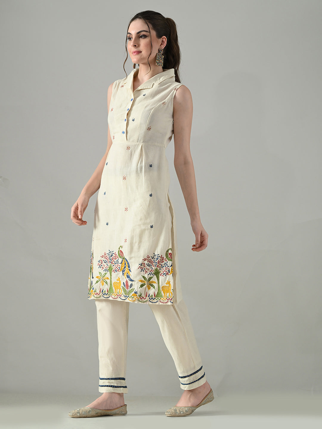 Myshka Women Off White Embroidered Lapel Collared Kurta With Trouser