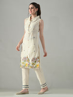 Thumbnail for Myshka Women Off White Embroidered Lapel Collared Kurta With Trouser