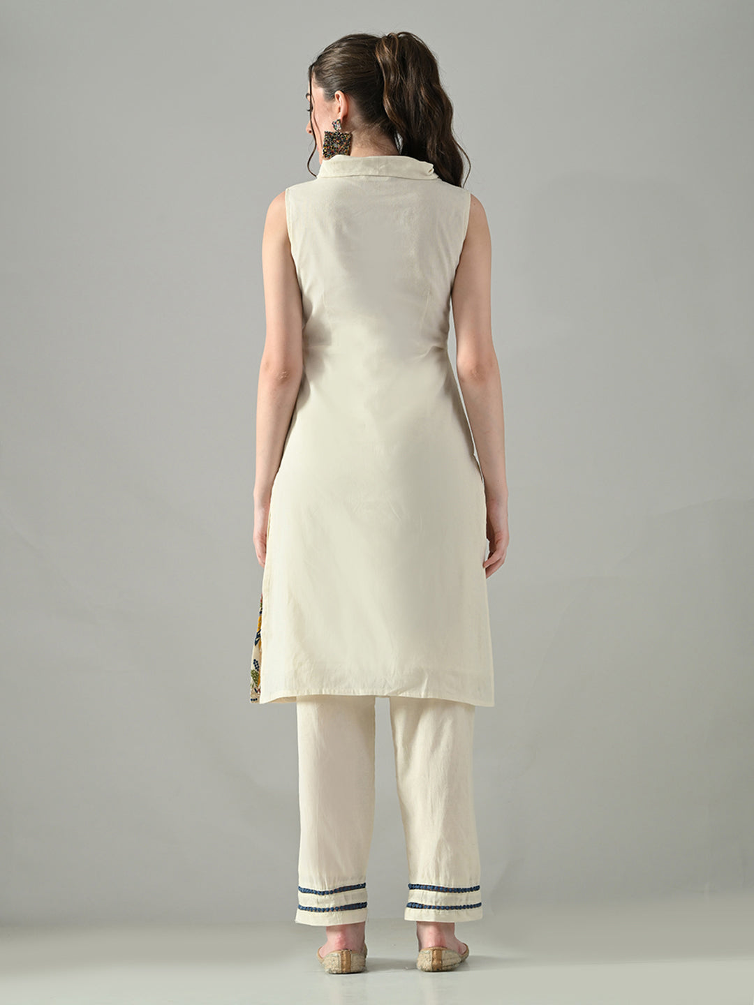 Myshka Women Off White Embroidered Lapel Collared Kurta With Trouser