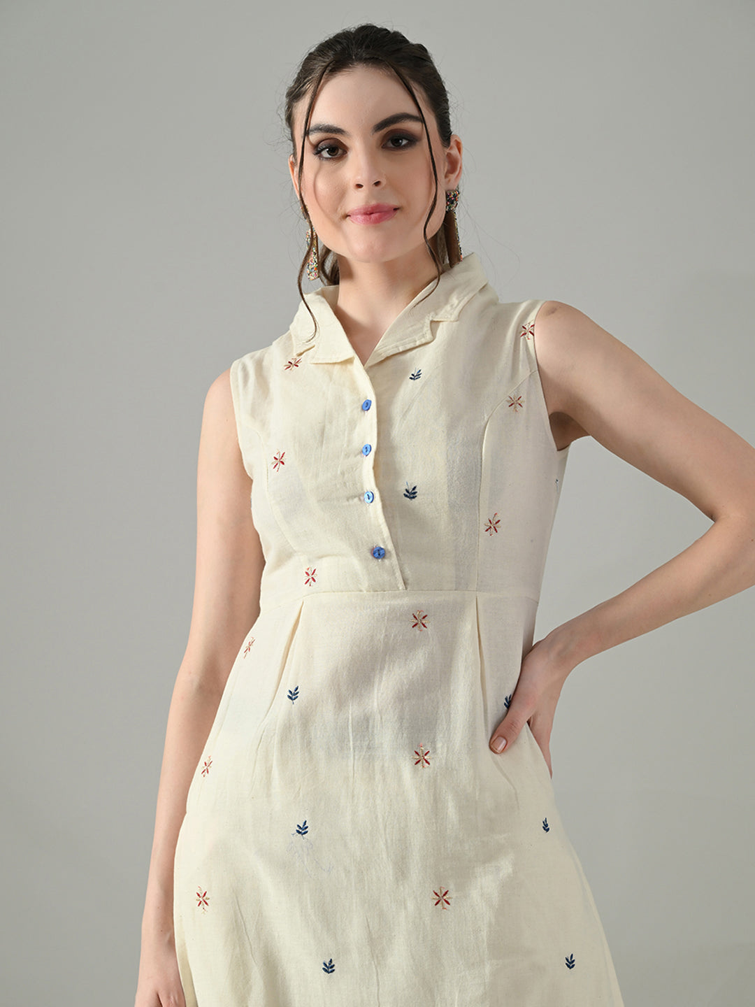 Myshka Women Off White Embroidered Lapel Collared Kurta With Trouser