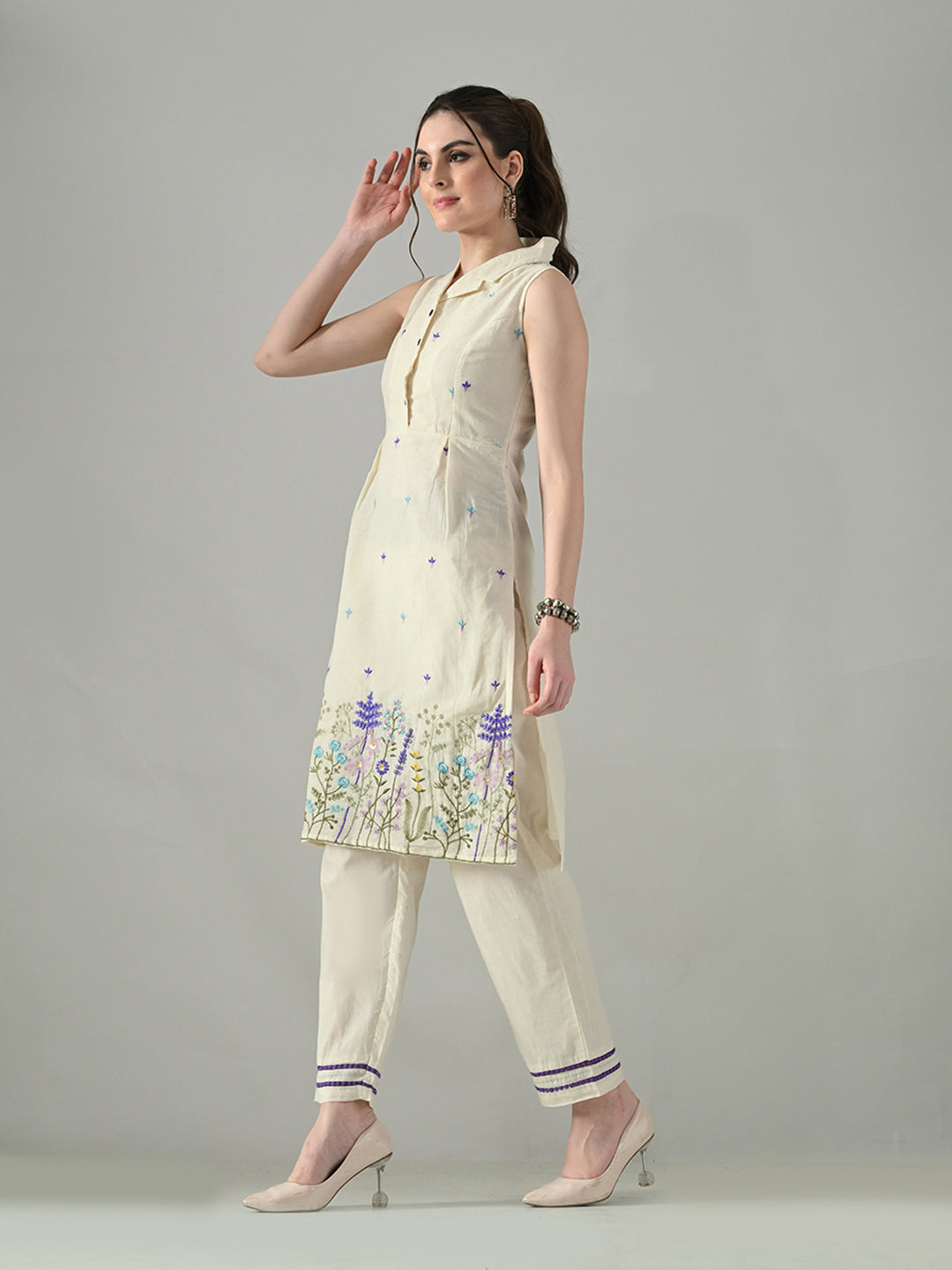 Myshka Women Off White Embroidered Lapel Collared Kurta With Trouser