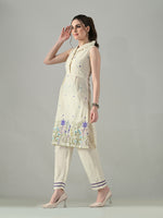 Thumbnail for Myshka Women Off White Embroidered Lapel Collared Kurta With Trouser