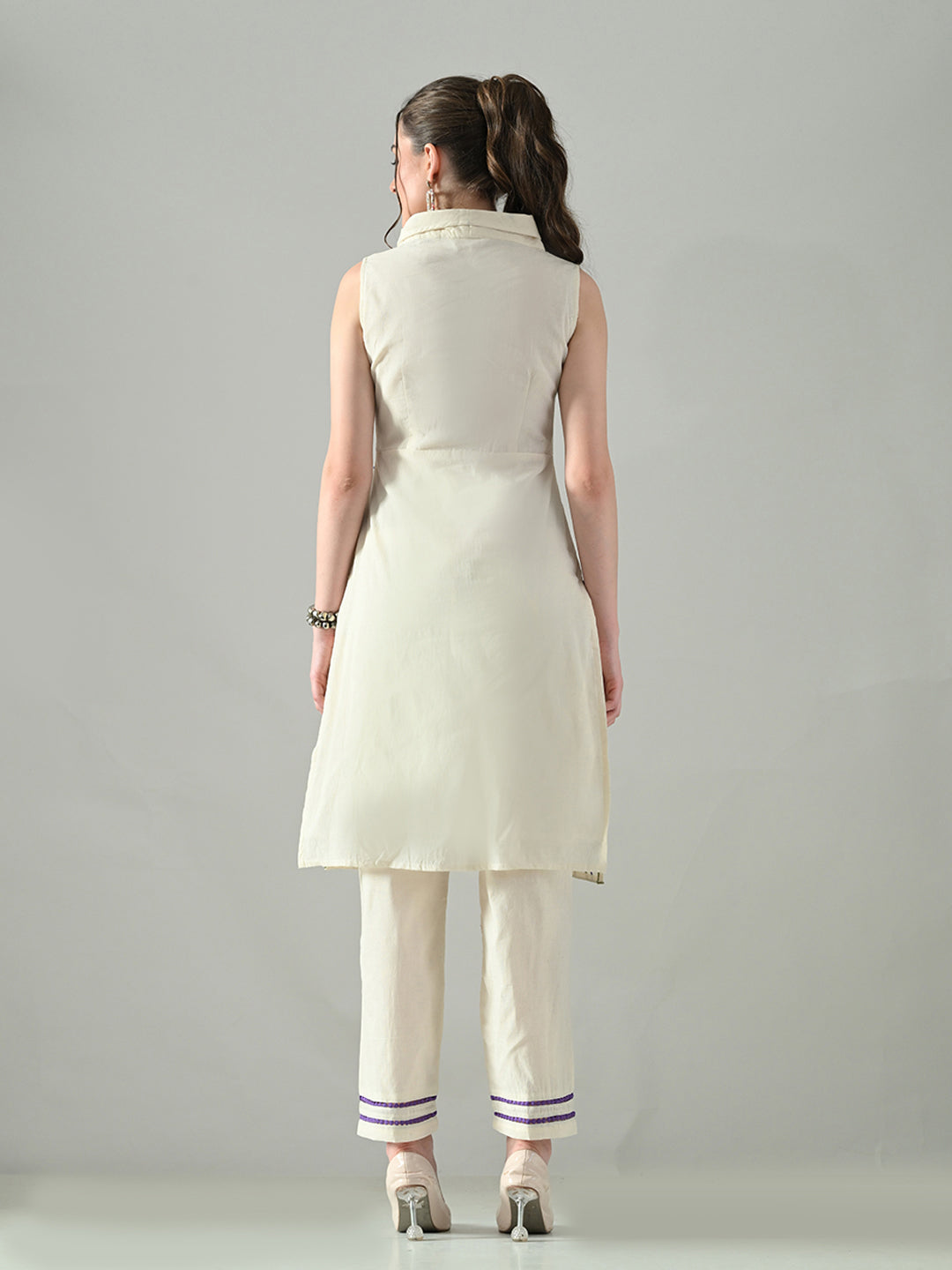 Myshka Women Off White Embroidered Lapel Collared Kurta With Trouser