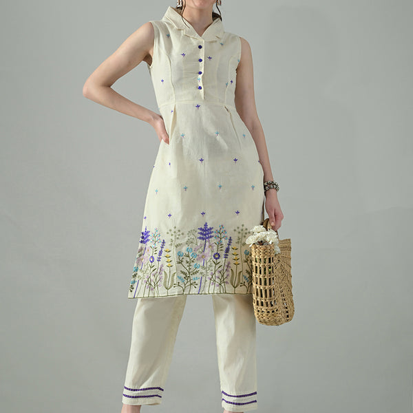 Myshka Women Off White Embroidered Lapel Collared Kurta With Trouser
