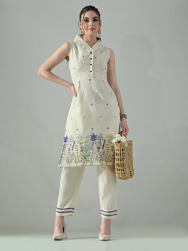 Myshka Women Off White Embroidered Lapel Collared Kurta With Trouser