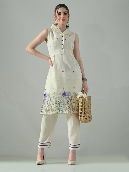 Myshka Women Off White Embroidered Lapel Collared Kurta With Trouser