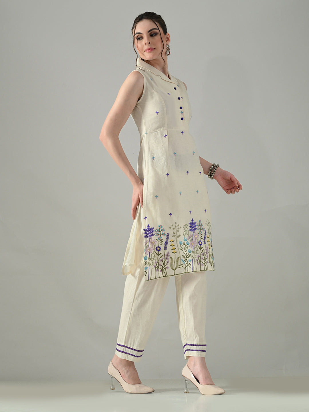 Myshka Women Off White Embroidered Lapel Collared Kurta With Trouser