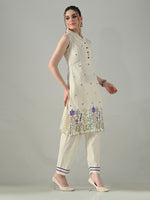 Thumbnail for Myshka Women Off White Embroidered Lapel Collared Kurta With Trouser