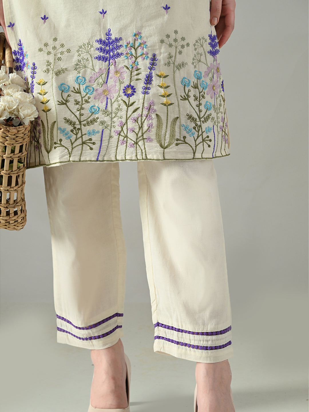 Myshka Women Off White Embroidered Lapel Collared Kurta With Trouser