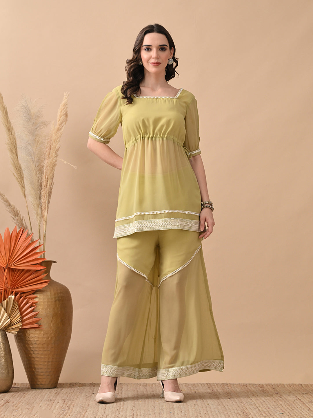 Myshka Women Green Short Kurta Lace Embellished Self Design Palazzo