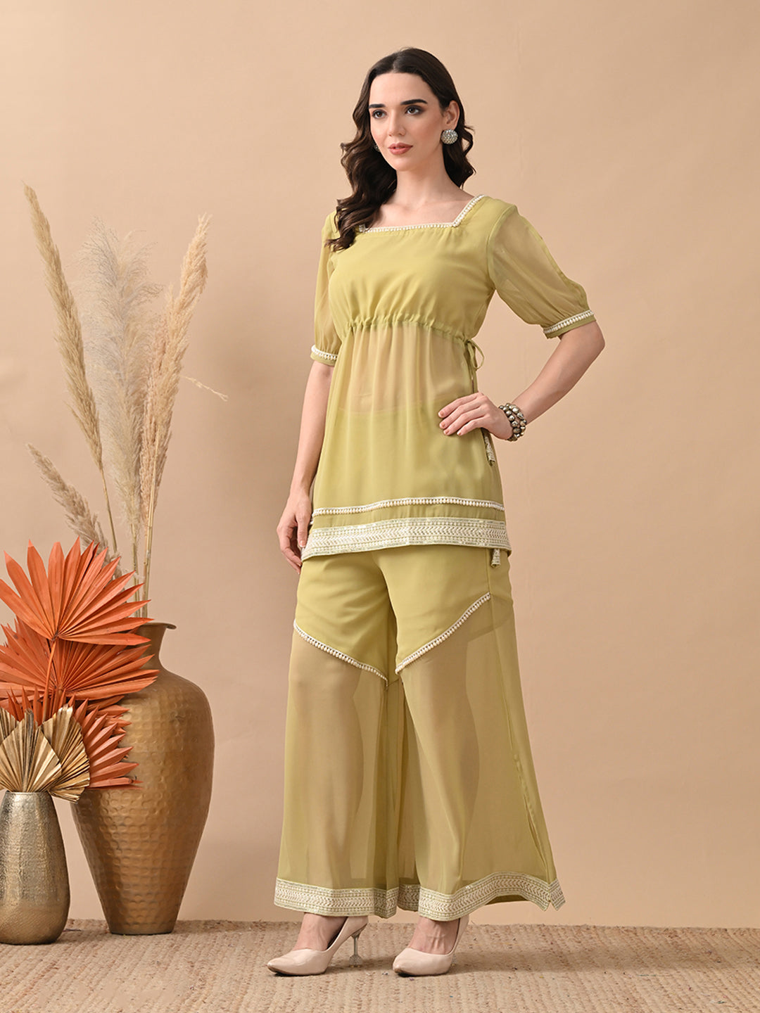 Myshka Women Green Short Kurta Lace Embellished Self Design Palazzo