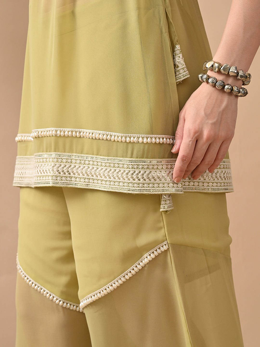 Myshka Women Green Short Kurta Lace Embellished Self Design Palazzo