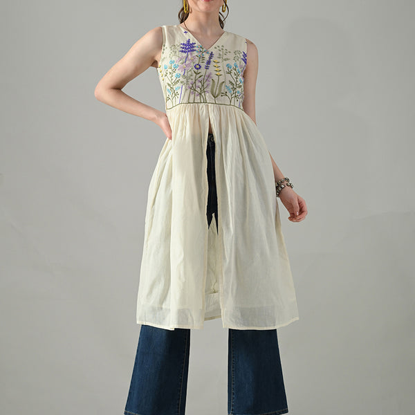 Myshka Women Off White Multicolor Thread Embroidered Sleeveless Long Kurta