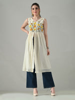 Thumbnail for Myshka Women Off White Multicolor Thread Embroidered Sleeveless Long Kurta