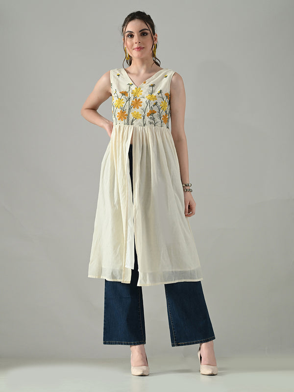 Myshka Women Off White Multicolor Thread Embroidered Sleeveless Long Kurta