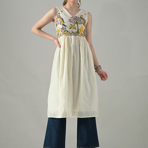 Myshka Women Off White Multicolor Thread Embroidered Sleeveless Long Kurta