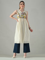 Thumbnail for Myshka Women Off White Multicolor Thread Embroidered Sleeveless Long Kurta