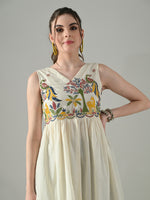 Thumbnail for Myshka Women Off White Multicolor Thread Embroidered Sleeveless Long Kurta