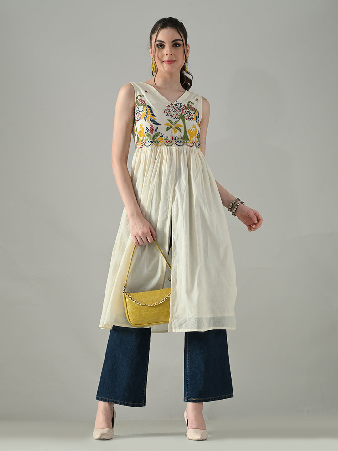 Myshka Women Off White Multicolor Thread Embroidered Sleeveless Long Kurta