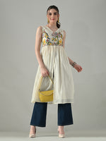 Thumbnail for Myshka Women Off White Multicolor Thread Embroidered Sleeveless Long Kurta