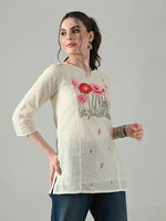 Thumbnail for Myshka Women Off White Multicolor Thread Embroidered Tunic Three Quarter Sleeves Round Neck