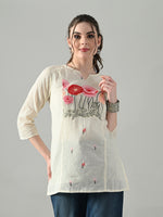 Thumbnail for Myshka Women Off White Multicolor Thread Embroidered Tunic Three Quarter Sleeves Round Neck