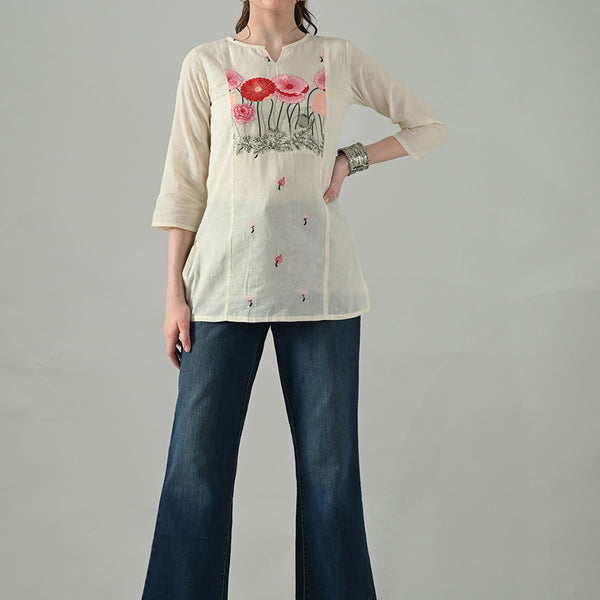 Myshka Women Off White Multicolor Thread Embroidered Tunic Three Quarter Sleeves Round Neck