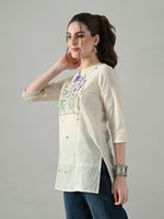 Thumbnail for Myshka Women Off White Multicolor Thread Embroidered Tunic Three Quarter Sleeves Round Neck