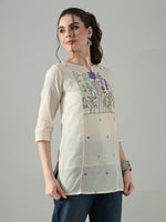 Thumbnail for Myshka Women Off White Multicolor Thread Embroidered Tunic Three Quarter Sleeves Round Neck