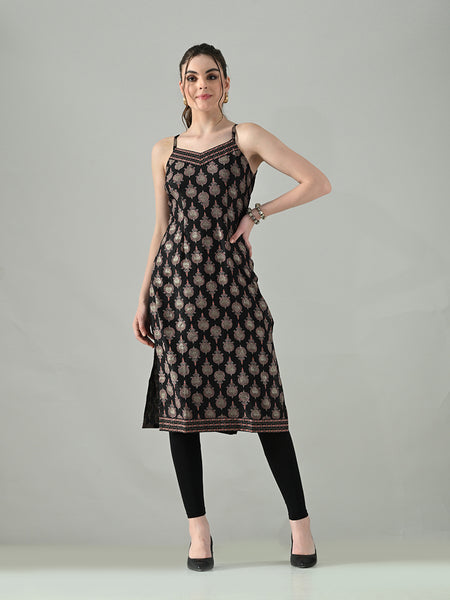 Myshka Women Off White Multicolor Thread Embroidered Sleeveless Long Kurta