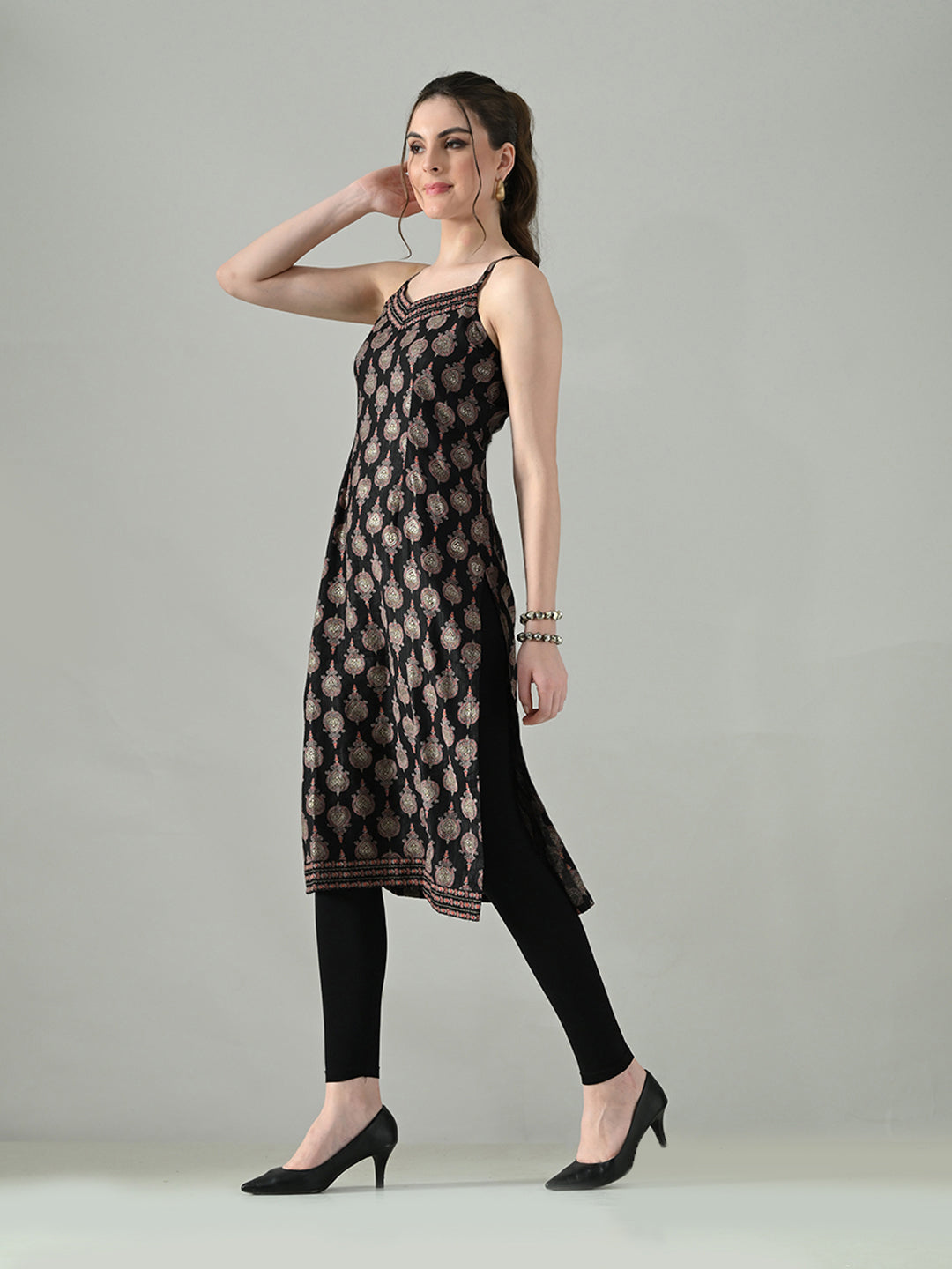 Myshka Women Off White Multicolor Thread Embroidered Sleeveless Long Kurta - Distacart