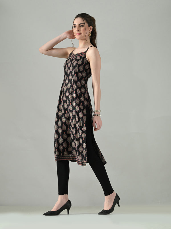 Myshka Women Off White Multicolor Thread Embroidered Sleeveless Long Kurta