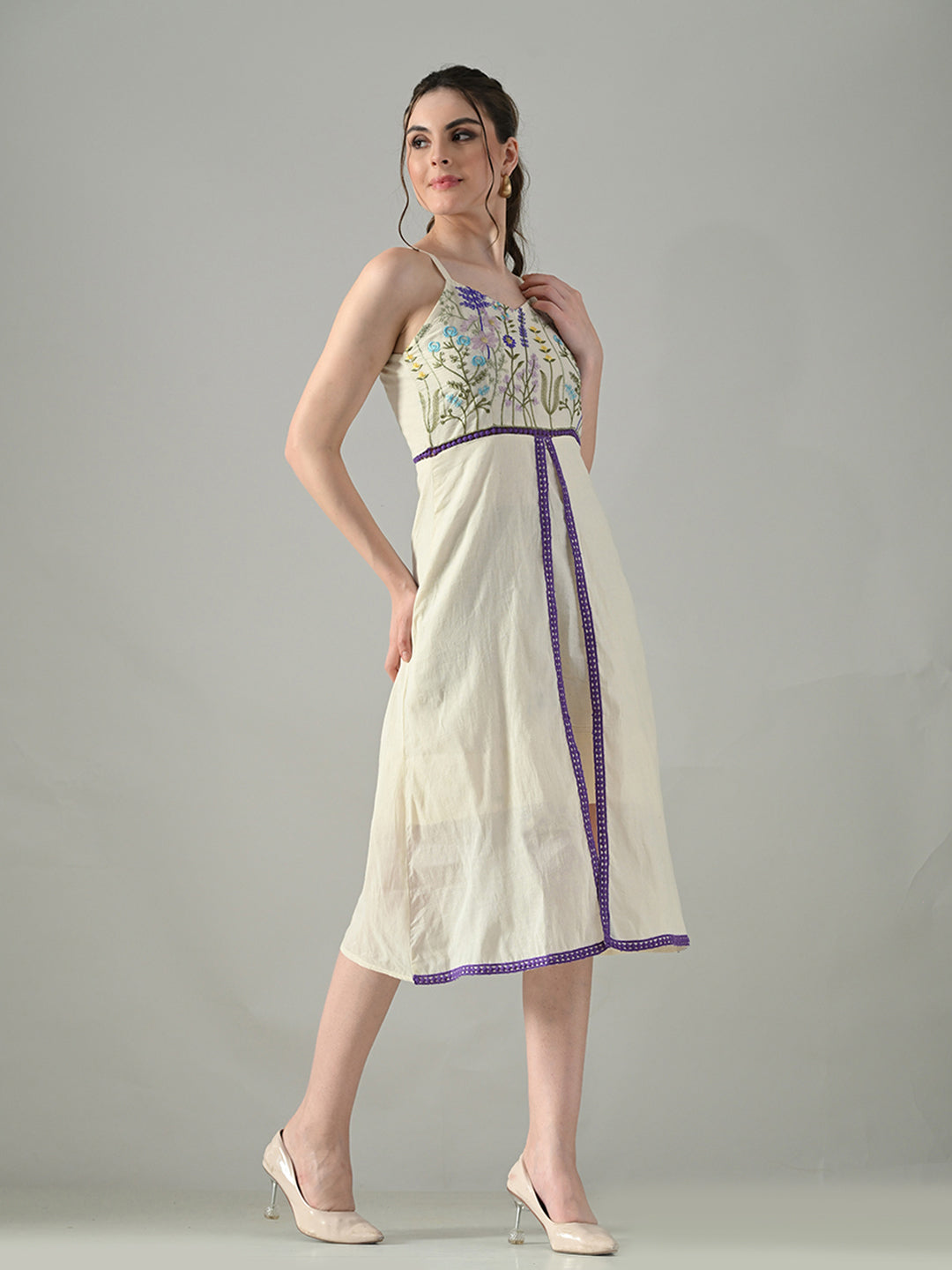 Myshka Women Off White Multicolor Thread Embroidered Strap Midi Dress