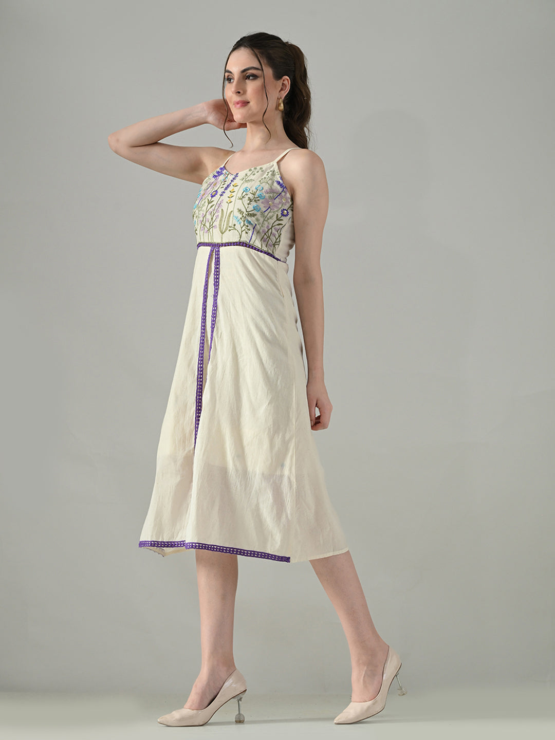 Myshka Women Off White Multicolor Thread Embroidered Strap Midi Dress