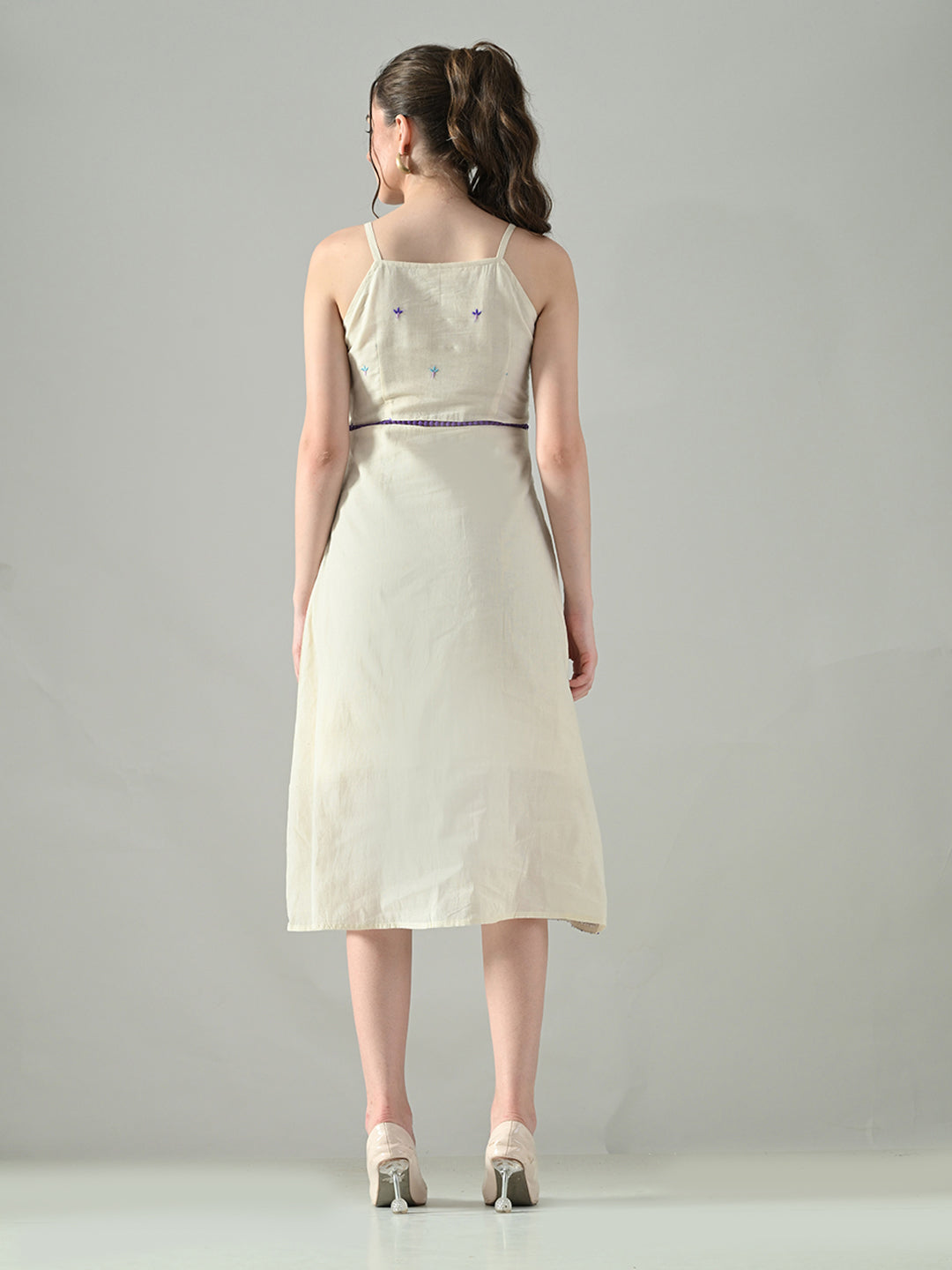 Myshka Women Off White Multicolor Thread Embroidered Strap Midi Dress