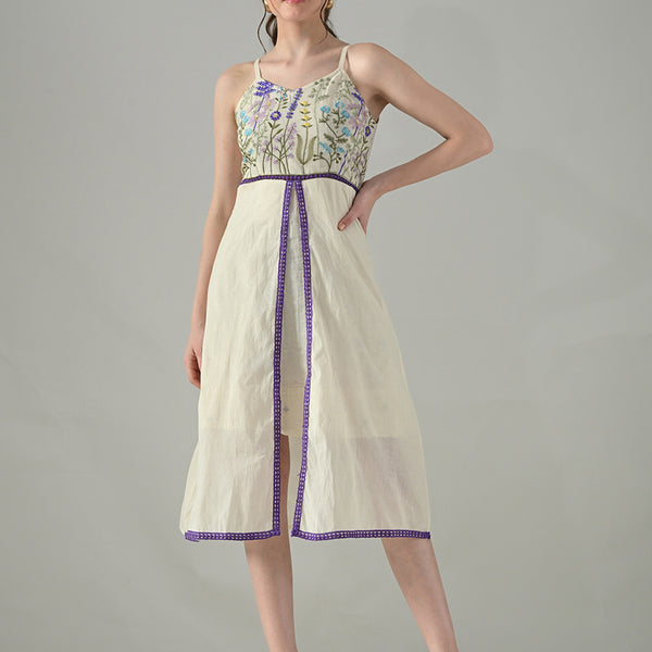 Myshka Women Off White Multicolor Thread Embroidered Strap Midi Dress