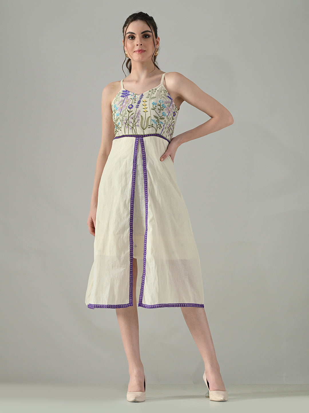 Myshka Women Off White Multicolor Thread Embroidered Strap Midi Dress