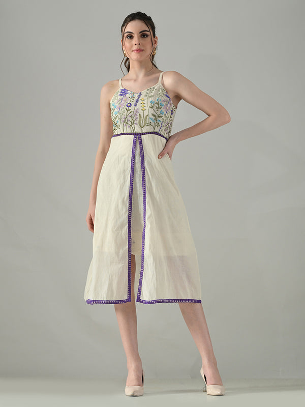 Myshka Women Off White Multicolor Thread Embroidered Strap Midi Dress